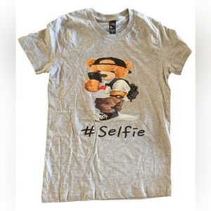 NWOT Teddy Bear Cute #Selfie Gray Youth Medium T-Shirt